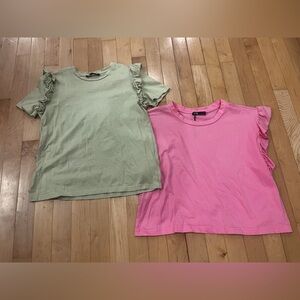 2 ZARA Pink and Green Ruffle Sleeve Tops